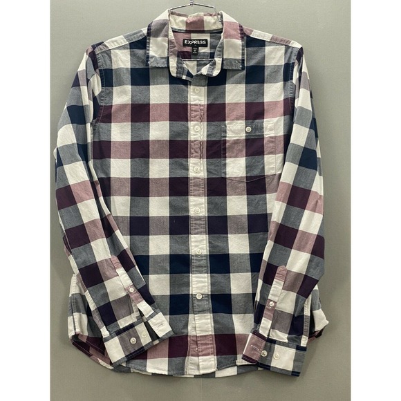 EXPRESS Button Down Mens M Multicolor Plaid Long Sleeve Casual Pocketed Shirt - Picture 4 of 12